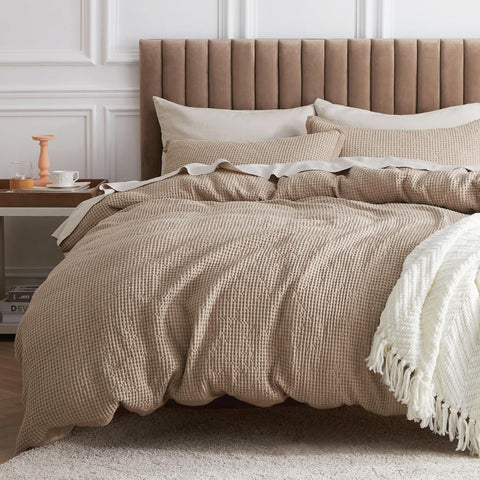 Bedsure Cotton Duvet Cover Set - 100% Cotton Waffle Weave Khaki Duvet Cover Oversized King Size